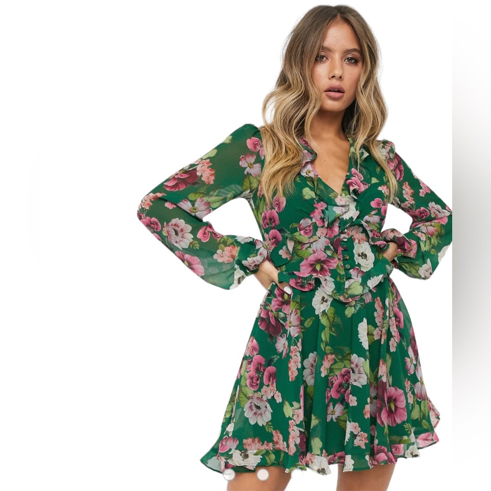 Bardot “Bambi” Mini Dress in Green Floral Print (CdlG)